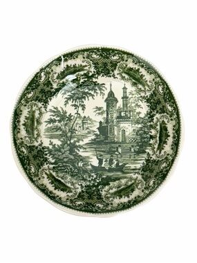 Vintage Green Transferware Scenic Bowl
Cottage Lake Scene Floral Boarder
